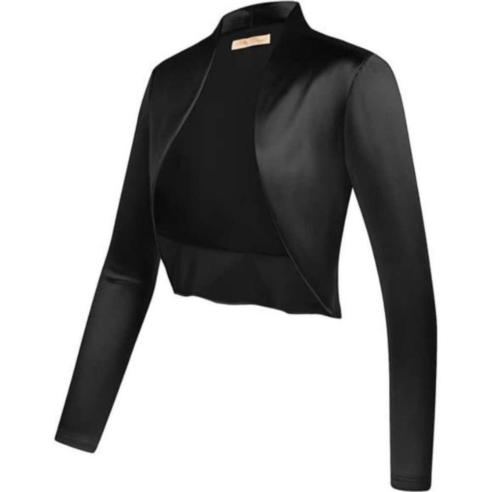 𝅺HOT Women's Vintage Cropped Shrug Bolero Cardigan, Luxury Satin-black - Picture 2 of 6